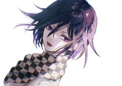  1boy :d black_hair black_scarf checkered_clothes checkered_scarf danganronpa_(series) danganronpa_v3:_killing_harmony dutch_angle grey_scarf hair_between_eyes male_focus oma_kokichi portrait purple_eyes purple_hair sakuyu scarf short_hair smile solo tongue twitter_username upper_body watermark 