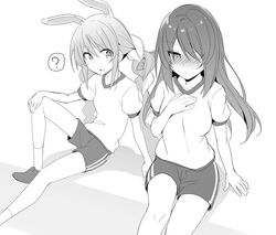  2girls ? animal_ears arm_support blush breasts carrot cropped_legs greyscale gym_shirt gym_shorts gym_uniform hand_on_own_chest highres hololive hololive_indonesia knee_up knees light_smile long_hair looking_at_another medium_breasts monochrome moona_hoshinova multicolored_hair multiple_girls rabbit_ears shirt shorts simple_background sitting small_breasts spoken_question_mark starry_hair tsurime twintails two-tone_hair usada_pekora very_long_hair virtual_youtuber white_background xiaowei_(xxx29042536) yuri 