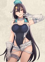  aqua_hat black_hair black_one-piece_swimsuit breasts brown_background cleavage competition_swimsuit cosplay covered_navel cowboy_shot female garrison_cap gloves hair_between_eyes hair_ornament hat highleg highleg_swimsuit highres kantai_collection kasumi_(skchkko) large_breasts long_hair looking_at_viewer nagato_(kancolle) one-piece_swimsuit red_eyes scamp_(kancolle) scamp_(kancolle)_(cosplay) short_shorts shorts solo star_(symbol) star_hair_ornament swimsuit white_gloves white_shorts 