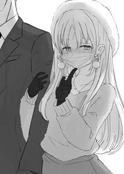  1boy blush business_suit commentary_request couple earrings female finger_to_mouth formal gloves greyscale hat head_out_of_frame highres jewelry locked_arms long_hair mask monochrome mouth_mask nijisanji official_alternate_costume pendant plaid plaid_skirt pom_pom_(clothes) pom_pom_earrings shushing sister_claire sister_claire_(4th_costume) skirt solo_focus straight suit surgical_mask sweater virtual_youtuber walking white_background winter_clothes yomei3week 