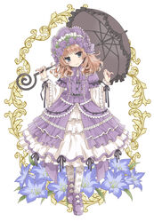  blue_eyes blue_flower blunt_bangs bonnet border bow brown_hair dress female fingernails floral_background floral_print flower footwear_bow frilled_dress frills gathers gentiana_(flower) hair_flower hair_ornament highres holding holding_umbrella kinoshita_sakura koisuru_ojou-sama_wa_papa_to_yobitakunai lolicon lolita_fashion official_art ornate_border parasol puffy_sleeves purple_bow purple_dress purple_flower purple_footwear purple_rose ribbon rose sakaki_karen smile solo sweet_lolita umbrella wavy_hair 