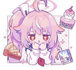  +_+ :&lt; ahoge bendy_straw blue_archive blue_sailor_collar blush_stickers chibi commentary_request cropped_torso drinking_straw english_text eyebrows_hidden_by_hair female food halo hands_up highres koru_koruno long_hair long_sleeves milk_carton natsu_(blue_archive) parted_lips pie pie_slice pink_hair polka_dot polka_dot_background puffy_long_sleeves puffy_sleeves red_eyes sailor_collar school_uniform serafuku shirt side_ponytail sleeves_past_wrists solo triangle_mouth twitter_username upper_body v-shaped_eyebrows very_long_hair white_background white_shirt 