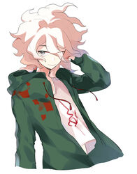  1boy closed_mouth commentary cropped_torso danganronpa_(series) danganronpa_2:_goodbye_despair green_jacket grey_eyes hair_between_eyes hair_over_one_eye hand_in_own_hair hand_up highres hood hood_down hoodie jacket komaeda_nagito long_sleeves looking_at_viewer male_focus medium_hair messy_hair midou_(grk12138) open_clothes open_jacket print_shirt shirt simple_background smile solo upper_body white_background white_hair 