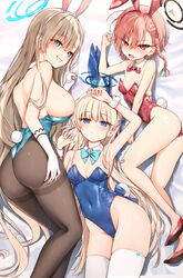  3girls animal_ears aqua_bow aqua_bowtie arm_up armpits ass asuna_(blue_archive) asuna_(bunny)_(blue_archive) bandaid bandaid_on_knee bandaid_on_leg bare_shoulders blonde_hair blue_eyes blue_hairband blue_halo blue_leotard blush bow bowtie braid breasts cleaning_&amp;_clearing_(blue_archive) cleavage closed_mouth comiket_102 commentary_request covered_navel detached_collar elbow_gloves fake_animal_ears fake_tail gloves hair_ornament hairband halo highres large_breasts leotard long_hair looking_at_viewer lying medium_hair multiple_girls neru_(blue_archive) neru_(bunny)_(blue_archive) official_alternate_costume on_back open_mouth pantyhose parted_lips playboy_bunny presenting_armpit rabbit_ears rabbit_tail red_bow red_bowtie red_eyes red_footwear red_hair red_hairband shiny_pantyhose sideboob small_breasts smile strapless strapless_leotard sune_(mugendai) tail teeth thighband_pantyhose thighhighs thighs toki_(blue_archive) toki_(bunny)_(blue_archive) v white_gloves white_hairband white_thighhighs white_wrist_cuffs wrist_cuffs 