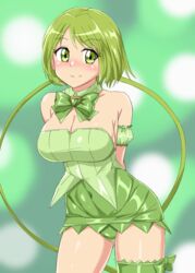  arms_behind_back blush bow breasts bridal_garter brooch choker cleavage covered_navel cowboy_shot detached_sleeves eyebrows female forehead green_bow green_choker green_leotard grey_background highres jewelry large_breasts leotard leotard_under_clothes long_hair magical_girl mew_lettuce midorikawa_lettuce miniskirt puffy_detached_sleeves puffy_sleeves rururu_ichigo shiny skirt solo sparkle_background tokyo_mew_mew very_long_hair 