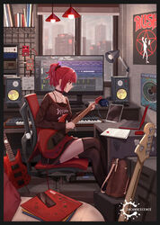  amplifier bag band_shirt bass_guitar black_border black_shorts black_thighhighs blunt_bangs border brown_shirt cable camisole chair choker city clothes_writing commentary computer computer_keyboard computer_mouse cross cross_earrings crossed_legs desk desk_lamp earrings effects_pedal electric_guitar english_commentary female fl_studio from_side guitar handbag hanging_light highres holding holding_pen indoors instrument jewelry keyboard_(instrument) lamp laptop light_bulb long_sleeves looking_ahead merchandise monitor necklace office_chair original pedal_board pen pink_floyd plectrum ponytail poster_(object) rain record_jacket red_eyes red_hair rush_(band) scrunchie serious sheet_music shirt short_hair short_ponytail short_shorts shorts sidelocks sitting solo spaghetti_strap speaker star_(symbol) star_necklace swivel_chair thighhighs title window yuzuriha_(atelier_liang) 