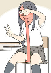  black_hair blush chair covering_crotch covering_face covering_own_eyes covering_privates desk female full-face_blush glasses juukyuu long_hair mouth_hold necktie necktie_in_mouth no_panties original red-framed_eyewear school_desk school_uniform simple_background sitting solo sweat unworn_necktie v 