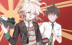  2boys ahoge black_jacket breast_pocket brown_hair cake chains collar collared_shirt commentary cropped_jacket danganronpa_(series) danganronpa_2:_goodbye_despair food green_eyes green_necktie grey_eyes grey_hair highres hinata_hajime holding holding_chain holding_tray jacket komaeda_nagito long_sleeves looking_at_viewer male_focus medium_hair messy_hair metal_collar midou_(grk12138) monokuma multiple_boys necktie open_mouth orange_background pocket red_background shaded_face shirt short_hair short_sleeves smile striped_clothes striped_shirt tray upper_body white_shirt 