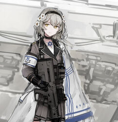  armband black_gloves black_hairband black_jacket blue_cape blue_stripes brown_eyes bullpup cape choker commentary feet_out_of_frame female flag flower girls&#039;_frontline gloves grey_hair grey_jacket grey_skirt gun hair_flower hair_ornament hairband hexagram highres holding holding_gun holding_weapon iwi_x95 jacket lapels limited_palette long_hair long_sleeves looking_at_viewer military_jacket monochrome_background multicolored_clothes multicolored_jacket optical_sight pleated_skirt rampart1028 reflex_sight shirt simple_background sketch_background skirt solo star_of_david striped striped_cape t-shirt two-tone_jacket v-neck weapon white_armband white_cape white_flower white_shirt x95_(girls&#039;_frontline) 