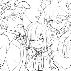  2boys angry animal_ear_fluff animal_ears cat_ears collared_shirt commentary danganronpa_(series) danganronpa_2:_goodbye_despair dress_shirt fake_animal_ears female greyscale hand_up hinata_hajime jacket kemonomimi_mode komaeda_nagito leash leash_pull long_hair long_sleeves looking_at_viewer midou_(grk12138) monochrome multiple_boys nanami_chiaki neck_ribbon oerba_yun_fang one_eye_closed open_mouth ribbon shirt short_hair skin_fang smile upper_body wolf_ears 