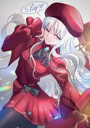  beret black_bow black_pantyhose bow bowtie brooch caren_hortensia caren_hortensia_(amor_caren) caren_hortensia_(amor_caren)_(second_ascension) closed_mouth cowboy_shot dress dress_bow english_text fate/grand_order fate_(series) female grey_background hat highres jewelry kassan_(kassan_5a) long_hair looking_at_viewer one_eye_closed pantyhose pleated_dress red_dress red_hat short_dress simple_background smile solo speech_bubble standing tassel white_hair yellow_eyes 