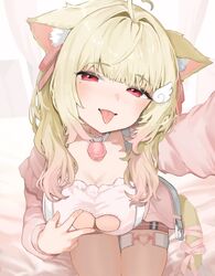  :p ahoge animal_ear_fluff animal_ears bell belt belt_buckle between_breasts blonde_hair blush bow bra breasts buckle cardigan cat_ears cat_girl cat_tail checkered_clothes checkered_skirt choker cleavage cleavage_cutout clothing_cutout collarbone female frilled_bra frills hair_ornament heart heart_ahoge heart_cutout heart_in_eye heart_o-ring highres indoors jingle_bell kemomimi_refle! large_breasts lingerie long_hair long_sleeves looking_at_viewer miniskirt mole mole_under_eye neck_bell nekoma_karin o-ring o-ring_thigh_strap oerba_yun_fang open_belt open_cardigan open_clothes open_mouth open_shirt outstretched_arm pink_cardigan pink_ribbon pink_shirt reaching reaching_towards_viewer red_eyes ribbon saliva shirt shoulder_belt sitting skirt smile solo sorotu strap_between_breasts symbol_in_eye tail tail_ornament tail_ribbon thigh_strap thighs tongue tongue_out underwear v virtual_youtuber white_belt white_choker wing_hair_ornament 