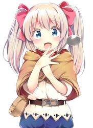  :d belt blonde_hair blue_eyes blue_shorts blush bow brown_capelet capelet cowboy_shot female hairbow hands_up holding holding_ladle hota ladle latina_(uchi_no_musume_no_tame_naraba) long_hair looking_at_viewer open_mouth pouch red_bow shorts simple_background smile solo twintails uchi_no_musume_no_tame_naraba_ore_wa_moshikashitara_maou_mo_taoseru_kamo_shirenai. white_background 