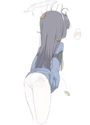  ahoge animal_ears ass black_hair blue_archive cowboy_shot cropped_legs fake_animal_ears female footprints halo healthyman leaf leaf_on_head long_hair miyu_(blue_archive) pantyhose rabbit_ears shoe_print simple_background solo white_background white_pantyhose 