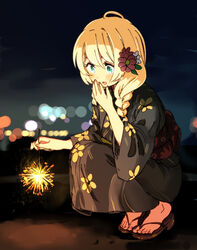  :d blonde_hair blush braid claire_cruller claire_eikaiwa covering_own_mouth female fireworks flower green_eyes hair_flower hair_ornament hair_over_shoulder hand_over_own_mouth hand_up highres holding hota long_sleeves open_mouth red_flower sandals smile solo sparkler squatting summer_festival twin_braids 