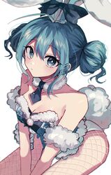  animal_ears aqua_dress aqua_hair bare_shoulders between_legs bicute_bunnies_miku black_bow black_necktie bow commentary danjou_sora double_bun dress female fishnet_pantyhose fishnets from_above fur-trimmed_dress fur_trim hair_bun hand_between_legs hatsune_miku highres looking_at_viewer necktie pantyhose rabbit_ears rabbit_girl rabbit_tail short_hair short_necktie sitting solo tail tied_ears vocaloid white_background white_legwear 