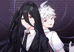  2boys :d absurdres ahoge back-to-back black_hair black_jacket black_necktie closed_mouth collared_shirt commentary danganronpa_(series) danganronpa_2:_goodbye_despair danganronpa_3_(anime) formal hair_between_eyes hand_up highres hinata_hajime hinata_hajime_(awakened) jacket kamukura_izuru long_hair looking_at_viewer looking_back male_focus midou_(grk12138) multiple_boys necktie open_mouth red_eyes shirt short_hair short_sleeves smile spoilers upper_body very_long_hair white_hair white_shirt 