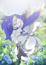  absurd_res ambiguous_gender ashley-arctic-fox avian beak bird_bath blue_body blue_feathers blue_hair chest_tuft claws closed_eyes feathered_wings feathers feral flower flowing_water fur grey_beak grey_body grey_feathers grey_fur gryphon hair hi_res long_hair long_tail mythological_avian mythological_creature mythology plant smile solo tail tuft water wings 