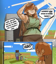  1boy alex_(minecraft) alohapz arm_up armpits artist_name backpack bag bandaged_fingers bandages block_(minecraft) blue_sky boat body_freckles cloud creeper end_rod english_text female fence freckles grass green_shirt hair_over_one_eye highres meme minecraft minecraft_sheep_fucker_(meme) orange_hair outdoors piston shirt sky sleeveless sleeveless_shirt steve_(minecraft) sun sunlight thick_eyebrows toned toned_female watercraft 
