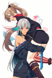  2girls amazuki_jou asymmetrical_footwear azur_lane black_choker black_jacket black_shorts blue_feathers boots brown_hair choker dark-skinned_female dark_skin earrings facial_mark feather_hair_ornament feathers forehead_mark hair_ornament highres jacket jean_bart_(azur_lane) jewelry lifting_person long_hair massachusetts_(azur_lane) multiple_girls open_mouth ponytail red_eyes red_thighhighs shorts striped_clothes striped_thighhighs sweat thighhighs white_hair yuri zipper 