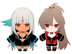  2girls amazuki_jou aqua_hair azur_lane bikini black_bikini black_shoes black_shorts body_markings breasts brown_hair chibi cleavage closed_mouth colored_inner_hair corset dark-skinned_female dark_skin grey_hair highres jean_bart_(azur_lane) long_hair massachusetts_(azur_lane) multicolored_hair multiple_girls pink_eyes ponytail red_corset red_eyes shoes shorts sleeves_past_fingers sleeves_past_wrists swimsuit white_background 