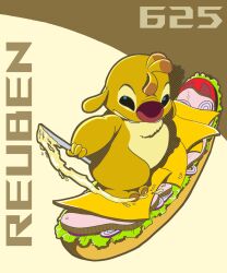  2025 5:6 action_pose alien ambiguous_gender antennae_(anatomy) anthro biped black_eyes buckteeth butter butter_knife character_name cheese chest_tuft cutlery dairy_products digital_drawing_(artwork) digital_media_(artwork) dipstick_antennae disney experiment_(lilo_and_stitch) food fruit fur hi_res holding_knife holding_object kitchen_knife kitchen_utensils knife lilo_and_stitch looking_at_viewer male_(lore) minimidimici multicolored_antennae plant pose red_nose reuben_(lilo_and_stitch) sandwich_(food) simple_background solo submarine_sandwich surfing tan_background teeth text tomato tools tuft yellow_body yellow_fur 