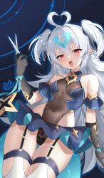  absurdres antenna_hair ass_visible_through_thighs bare_shoulders blue_skirt breasts brown_leotard covered_navel designer_lilibet_(epic_seven) detached_sleeves epic_seven female garter_straps gloves grey_gloves hand_up highleg highleg_leotard highres holding holding_scissors leotard lilibet_(epic_seven) long_hair looking_at_viewer microskirt open_mouth pointy_ears red_eyes scissors serin199 skirt small_breasts solo thighhighs thighs tongue tongue_out two_side_up v-shaped_eyebrows very_long_hair white_hair 