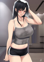  after_bathing bare_shoulders black_hair black_shorts blush breasts cleavage collarbone covered_nipples female grey_tank_top highres large_breasts long_hair looking_at_viewer original panties panties_under_shorts panty_peek pink_panties red_eyes shorts smile tank_top towel towel_on_head underwear xter 