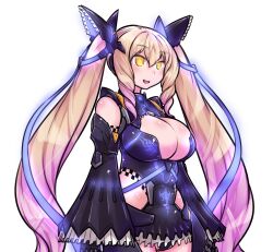  blonde_hair breasts cowboy_shot cyborg darui_hito drill_hair drill_sidelocks female highres large_breasts long_hair nightmare_series open_mouth orange_eyes phantasy_star phantasy_star_online_2 shiny_skin sidelocks skindentation smile solo twintails very_long_hair 