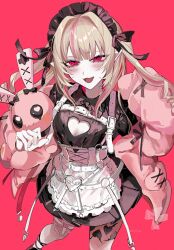  :3 :d aegyo_sal apron black_bow black_dress black_headdress black_shoes blonde_hair blush bow breasts cardigan cardigan_partially_removed cleavage cleavage_cutout clothing_cutout collared_dress cross-laced_apron cross-laced_clothes cross-laced_sleeves dress elbow_carry fangs feet_out_of_frame female film_grain frilled_apron frilled_shirt_collar frills from_above hair_intakes hands_up hashtag-only_commentary headdress heart heart_cutout highres holding holding_stuffed_toy kuroume_(aihikarikuroume24) leg_tattoo long_sleeves maid_apron maid_headdress makaino_ririmu makaino_ririmu_(5th_costume) multicolored_hair nijisanji official_alternate_costume open_mouth pale_skin pink_cardigan pink_hair pleated_dress pointy_ears puffy_long_sleeves puffy_sleeves red_background red_eyes ringed_eyes shoes short_dress simple_background sleeves_past_fingers sleeves_past_wrists small_breasts smile solo standing streaked_hair stuffed_animal stuffed_rabbit stuffed_toy tattoo thigh_strap tongue twintails two-tone_hair virtual_youtuber waist_apron white_apron 