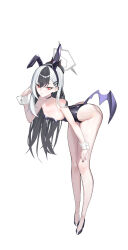  :o absurdres alternate_costume animal_ear_hairband animal_ears bare_arms bare_legs bare_shoulders bent_over black_choker black_hair black_nails black_shoes blue_archive blush breasts choker cleavage demon_horns demon_wings ear_piercing fake_animal_ears female gradient_hair hair_behind_ear hair_between_eyes hair_ornament hairband hairclip hand_in_own_hair highres horns kayoko_(blue_archive) leotard long_hair multicolored_hair open_mouth piercing playboy_bunny purple_hairband purple_leotard rabbit_ear_hairband rabbit_ears red_eyes seoly_ouo shoes single_sidelock single_wing small_breasts solo strapless strapless_leotard two-tone_hair white_hair wings wrist_cuffs 