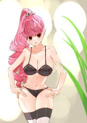  absurdres bikini black_bikini black_eyes black_panties blunt_bangs breasts collarbone commentary drill_hair drill_ponytail female halterneck hands_on_own_hips high_ponytail highres large_breasts navel one_piece panties perona pink_hair ponytail sc_scandium skindentation solo standing swimsuit underwear 