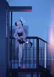  14yuruis absurdres against_railing bare_legs bare_shoulders black_choker black_dress black_hair black_shoes blue_archive breasts cardigan choker collarbone commentary demon_horns demon_wings dress female full_body grey_cardigan grey_hair gun h&amp;k_p30 hair_between_eyes halo handgun highres holding holding_gun holding_weapon horns jewelry kayoko_(blue_archive) kayoko_(dress)_(blue_archive) looking_to_the_side multicolored_hair necklace railing shoes single_wing small_breasts solo two-tone_hair weapon wings 
