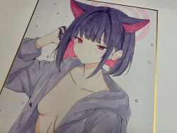  absurdres adjusting_hair alternate_costume animal_ears blue_archive blunt_bangs blush bob_cut breasts cat_ears collarbone colored_inner_hair commentary_request drawstring embarrassed female halo highres hood hood_down hooded_jacket jacket kazusa_(blue_archive) kurumi_kororin long_sleeves looking_at_viewer multicolored_hair open_clothes open_jacket photo_(medium) pink_hair pink_halo pout purple_hair purple_jacket red_eyes shikishi sidelocks small_breasts solo traditional_media upper_body 