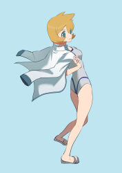  bare_legs breasts closed_mouth commentary_request female full_body green_eyes grey_one-piece_swimsuit hand_up highres jacket jacket_on_shoulders kasumi_(pokemon) nihine_(u-u115) one-piece_swimsuit pokemon pokemon_hgss sandals short_hair simple_background smile solo standing swimsuit toes 