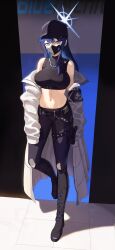 absurdres against_wall armband baseball_cap belt black_boots black_hat blue_archive blue_eyes blue_hair blue_halo boots breasts chest_harness coat crop_top female foot_against_wall full_body gun halo handgun harness hat highres holstered knee_boots lace-up_boots large_breasts m1911 mask mouth_mask navel off_shoulder saori_(blue_archive) sheath sheathed shirt sleeves_past_fingers sleeves_past_wrists solo standing stomach subu_art turtleneck turtleneck_shirt weapon white_coat 