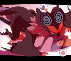  annoyed archived_source black_bars black_body bodily_fluids claws duo feral fur generation_6_pokemon generation_8_pokemon heart_symbol hi_res inteleon love male moesouna_gomi neck_tuft nintendo noivern on_top pinned pinned_to_ground pokemon pokemon_(species) sweat tail tuft 