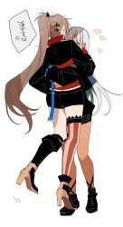  2girls amazuki_jou aqua_hair azur_lane black_boots black_jacket black_shoes black_shorts boots brown_hair closed_eyes colored_inner_hair dark-skinned_female dark_skin facial_mark forehead_mark gloves heart high_heel_boots high_heels highres hug jacket jean_bart_(azur_lane) knee_boots lifting_person long_hair massachusetts_(azur_lane) multicolored_hair multiple_girls ponytail red_gloves shoes shorts single_thighhigh speech_bubble thighhighs translation_request white_hair yuri 