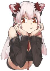  between_breasts black_shirt black_sleeves breasts cleavage cleavage_cutout closed_mouth clothing_cutout commentary_request cone_hair_bun crop_top demon_girl demon_horns detached_sleeves double_bun female gradient_hair grey_hair hair_bun hands_on_own_cheeks hands_on_own_face highres horns indie_virtual_youtuber large_breasts long_hair looking_at_viewer multicolored_hair necktie necktie_between_breasts orange_eyes pink_hair red_horns red_necktie shirt simple_background sleeveless sleeveless_shirt solo suou_patra suou_patra_(1st_costume) upper_body utushida virtual_youtuber white_background 