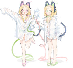  2girls :3 absurdres animal_ear_headphones animal_ears bikini blonde_hair blue_archive bow cable cable_tail cat_ear_headphones cat_ears cat_tail closed_mouth commentary cosplay fake_animal_ears fake_tail flat_chest full_body green_bikini green_bow hairbow halterneck hanako_(blue_archive) hanako_(blue_archive)_(cosplay) hanako_(swimsuit)_(blue_archive) headphones highres holding holding_hose hose low-tied_sidelocks mechanical_tail midori_(blue_archive) momoi_(blue_archive) multiple_girls nemo_(leafnight) open_mouth pink_bikini pink_bow pink_eyes sandals shirt short_hair siblings sidelocks simple_background sisters sleeves_past_fingers sleeves_past_wrists swimsuit symbol-only_commentary tail toes twins v-shaped_eyebrows white_background white_shirt 