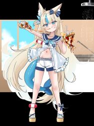  absurdres ahoge blonde_hair blue_eyes blue_hair blue_nails breasts cheese cheese_trail dress female fins fish_girl fish_tail food highres holding holding_food indie_virtual_youtuber long_hair looking_at_viewer multicolored_hair nail_polish navel one_side_up pizza punpond sameko_saba sandals short_shorts shorts sleeveless sleeveless_dress small_breasts solo streaked_hair tail toenail_polish toenails very_long_hair virtual_youtuber white_dress white_shorts 