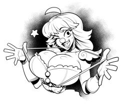  breasts cleavage clown female geiru_toneido greyscale groove1121 gyakuten_saiban happy highres large_breasts looking_at_viewer monochrome one_eye_closed open_hands open_mouth simple_background suspenders suspenders_pull upper_body 