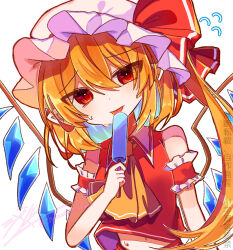  alternate_costume ascot blonde_hair blush cowboy_shot crystal eating female flandre_scarlet flying_sweatdrops food hair_between_eyes hat hat_ribbon highres holding licking looking_at_viewer midriff midriff_peek mob_cap pointy_ears popsicle puffy_short_sleeves puffy_sleeves red_eyes red_vest ribbon shanmeri shirt short_sleeves side_ponytail simple_background solo sweat tongue tongue_out touhou upper_body vest white_background wings yellow_ascot 