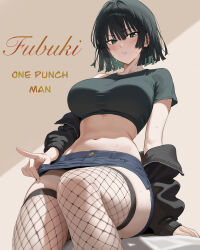  absurdres arm_support arms_at_sides black_hair black_jacket black_shirt blue_skirt blunt_ends blush breasts brown_background character_name choppy_bangs clothes_grab colored_inner_hair commentary_request copyright_name cowboy_shot crop_top cropped_shirt dated_commentary denim denim_skirt eyelashes female fishnet_thighhighs fishnets from_below fubuki_(one-punch_man) green_eyes green_hair highres jacket jacket_partially_removed jmx_(j_m_x) large_breasts looking_at_viewer looking_down microskirt multicolored_hair navel off_shoulder on_bed one-punch_man open_clothes open_jacket parted_lips shirt short_hair short_sleeves single_sleeve sitting skirt skirt_grab solo stomach thighhighs thighs two-tone_background 