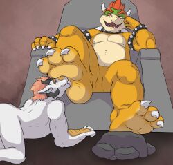  3_toes 4_fingers absurd_res anthro arm_support armband belly bowser bracelet cel_shading chair claws collar duo feet fingers foot_fetish foot_focus foot_lick foot_play furniture hi_res horn jewelry kiwifizz kneeling koopa leaning_on_elbow licking looking_down looking_down_at_partner looking_up low-angle_view male male/male mario_bros muscular nintendo nude open_mouth overweight overweight_male raised_leg red_eyes rock scalie shaded sharp_teeth simple_background smile soles spiked_armband spiked_bracelet spiked_collar spikes submissive submissive_male teeth throne toe_claws toes tongue tongue_out white_body yellow_body 