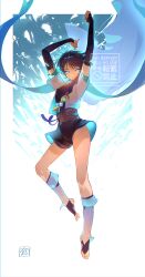  1boy absurdres anemo_symbol_(genshin_impact) aqua_cape aqua_hair aqua_kimono aqua_sleeves arms_up belt black_bodysuit black_bridal_gauntlets black_hair black_leggings black_shorts blue_gemstone blue_shorts bodysuit bridal_gauntlets bulge cape clenched_hand covered_nipples crotch eyelashes feathers floating full_body gem genshin_impact glowing glowing_eyes glowing_markings grey_belt highres japanese_clothes juban kimono layered_sleeves leg_warmers leggings levitation male_focus multicolored_hair nero_hanken open_clothes open_kimono open_mouth pom_pom_(clothes) purple_eyes purple_rope purple_sash rope sash scaramouche_(genshin_impact) short_sleeves shorts shoulder_peek solo stirrup_legwear streaked_hair toeless_legwear toenails toes two-sided_shorts vision_(genshin_impact) wanderer_(genshin_impact) watermark white_kimono white_leg_warmers white_sleeves wispy_bangs yellow_feathers 