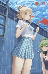  2girls absurdres action_camera alternate_costume blonde_hair blue_necktie blush breasts camera choker commission dolri genshin_impact green_hair hair_up heart highres holding holding_breath holding_camera kuki_shinobu looking_at_viewer medium_breasts multiple_girls necktie one_eye_closed orange_eyes pixiv_commission plaid_clothes plaid_necktie plaid_skirt purple_eyes red_choker school_swimsuit school_uniform shirt skirt swimsuit underwater video_camera white_shirt yoimiya_(genshin_impact) 