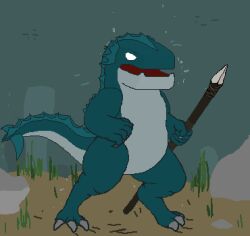  2025 a_careless_fabricator ambiguous_gender anthro blue_body claw_(weapon) claws detailed_background digital_media_(artwork) digitigrade empty_eyes feet feral fin fish full-length_portrait humanoid looking_at_viewer low_res marine melee_weapon nude open_mouth pixel_(artwork) plant polearm portrait rock sand sea slightly_chubby solo spear spread_legs spreading standing tail toe_claws toes underwater water weapon 