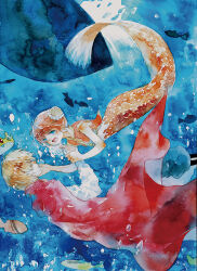  1boy andersen&#039;s_fairy_tales aqua_eyes asphyxiation blonde_hair boat bubble cape chinese_clothes closed_eyes commentary_request crown drowning female fins fish fish_tail from_side gintama hand_on_another&#039;s_cheek hand_on_another&#039;s_face holding_another&#039;s_wrist kagura_(gintama) light_rays mermaid moekon monster_girl monsterification okita_sougo orange_hair orange_scales orange_shirt painting_(medium) pearl_hair_ornament red_cape seashell shell shell_hair_ornament shirt short_hair shouting sunbeam sunlight swimming tail the_little_mermaid_(andersen) traditional_media underwater watercolor_(medium) watercraft white_shirt worried yellow_trim 