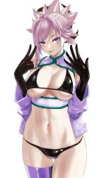  absurdres bare_shoulders bikini black_bikini black_gloves blue_eyes blush breasts cleavage elbow_gloves fate/grand_order fate_(series) female gloves hair_ornament highres jacket kugiseiichi large_breasts long_hair long_sleeves looking_at_viewer miyamoto_musashi_(fate) navel off_shoulder pink_hair ponytail purple_jacket single_thighhigh solo swept_bangs swimsuit thighhighs thighs tongue tongue_out white_background 